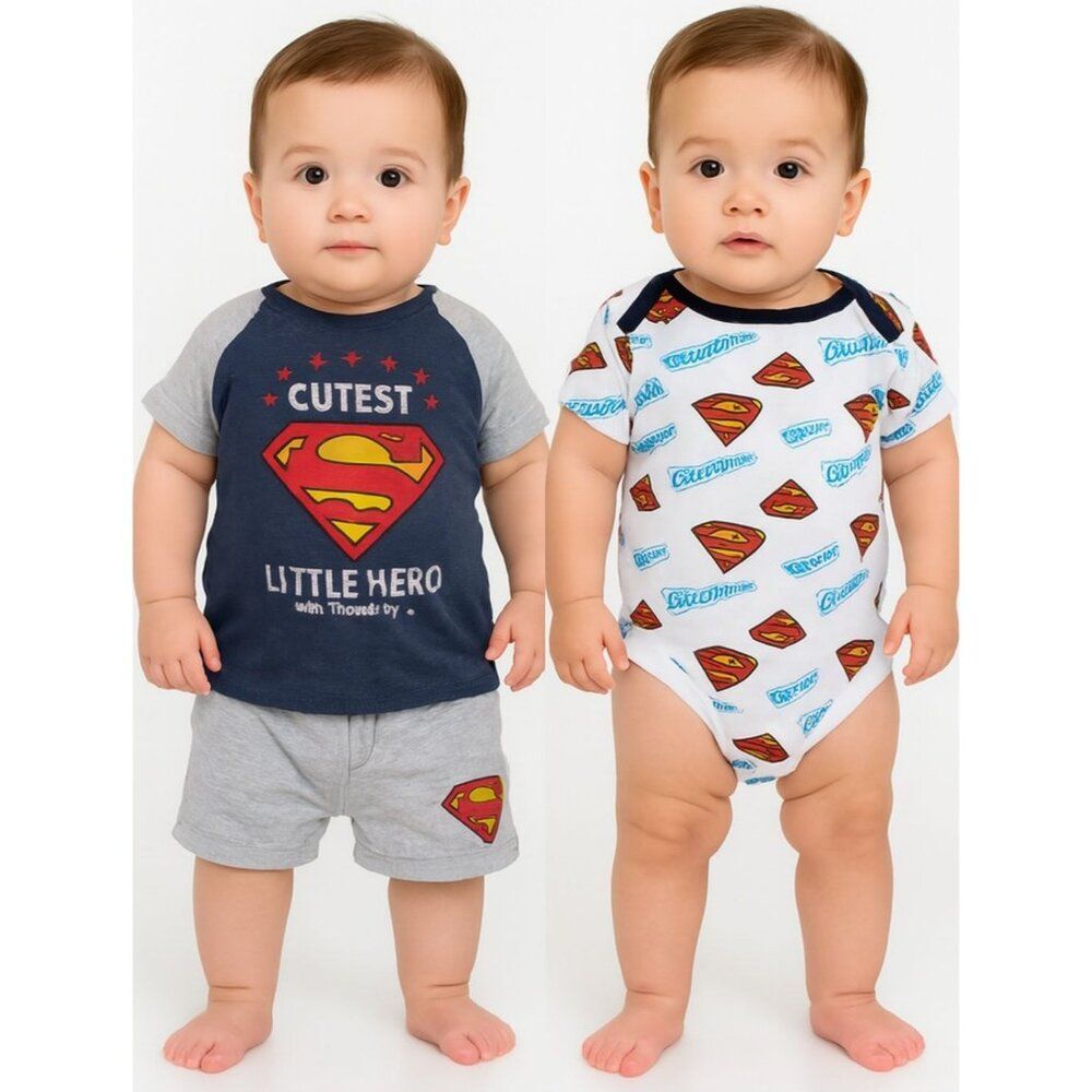 0-3 Months Baby SUPERMAN DC Comics Short Sleeve T Tee Shirt Shorts INFANT BOY